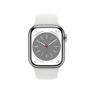 Apple Watch Series 8 Smart Watch / Silver Stainless Steel Case with White Sport Band. Fitness Tracker, Blood Oxygen & ECG Apps, Always- On Retina Display, Water Resistant